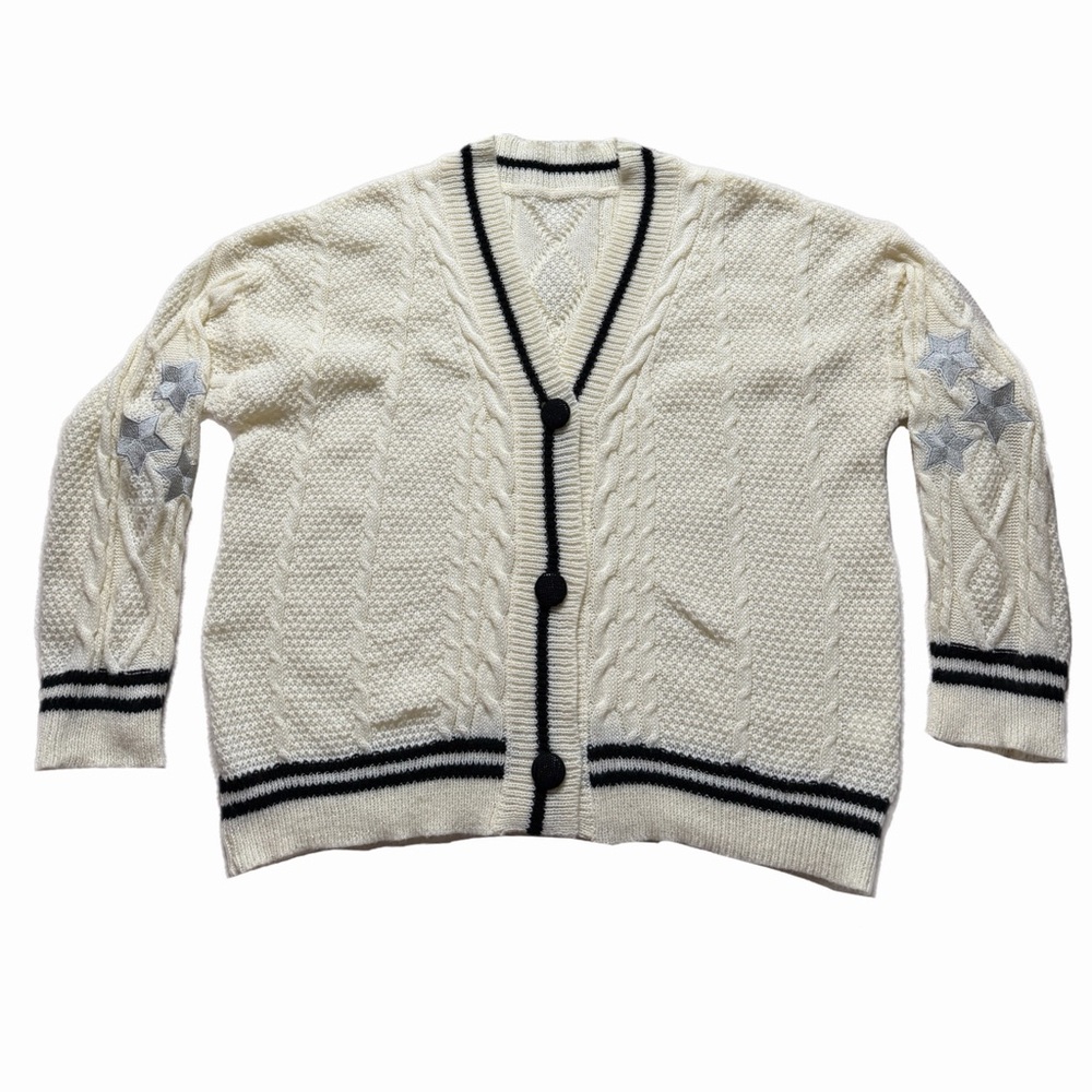 Swiftie Folklore Silver Stars Embroidered Cable Knit Cardigan Sweater M Preppy